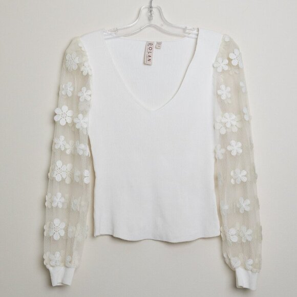 Anthropologie DOLAN Sheer Sleeve Appliqué Sweater Floral Fairy Whimsy Ivory - Picture 4 of 12